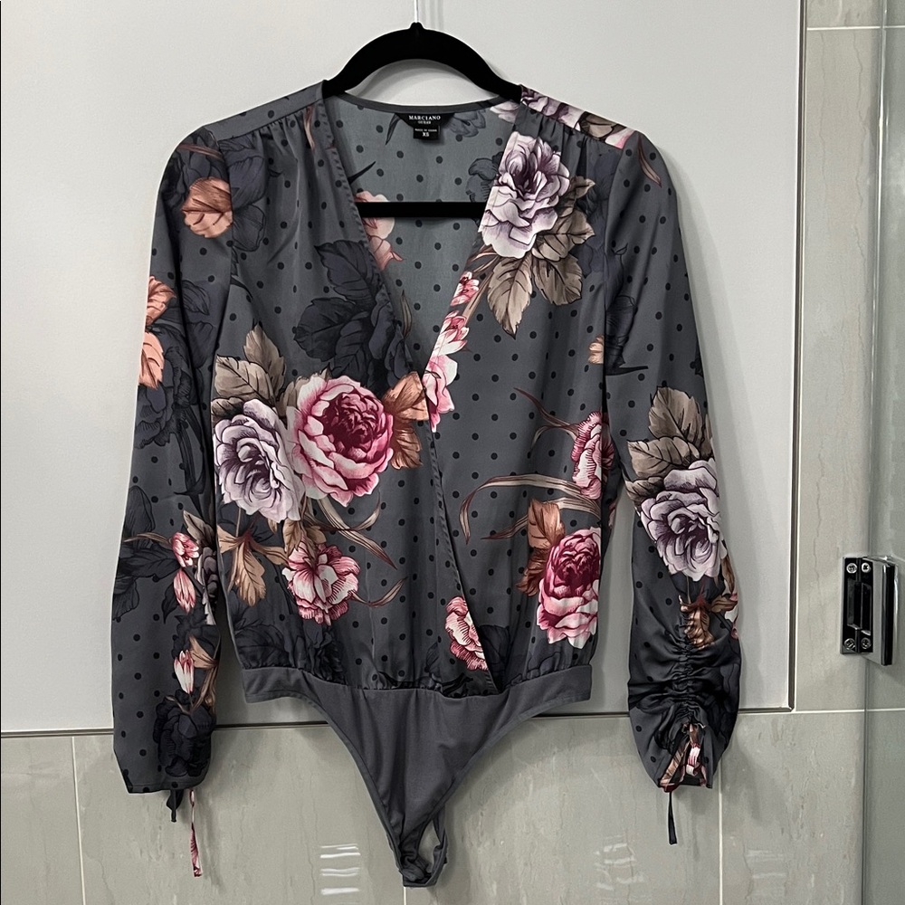 Guess by Marciano Floral V-Neck Bodysuit - Gray and Pink